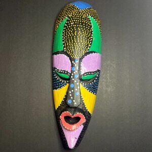 Colorful Hand Painted Dotted & Colorblocked Carved Wood Tribal Mask Wall Art 13"